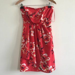 Express Strapless Bright Coral Red Floral Dress